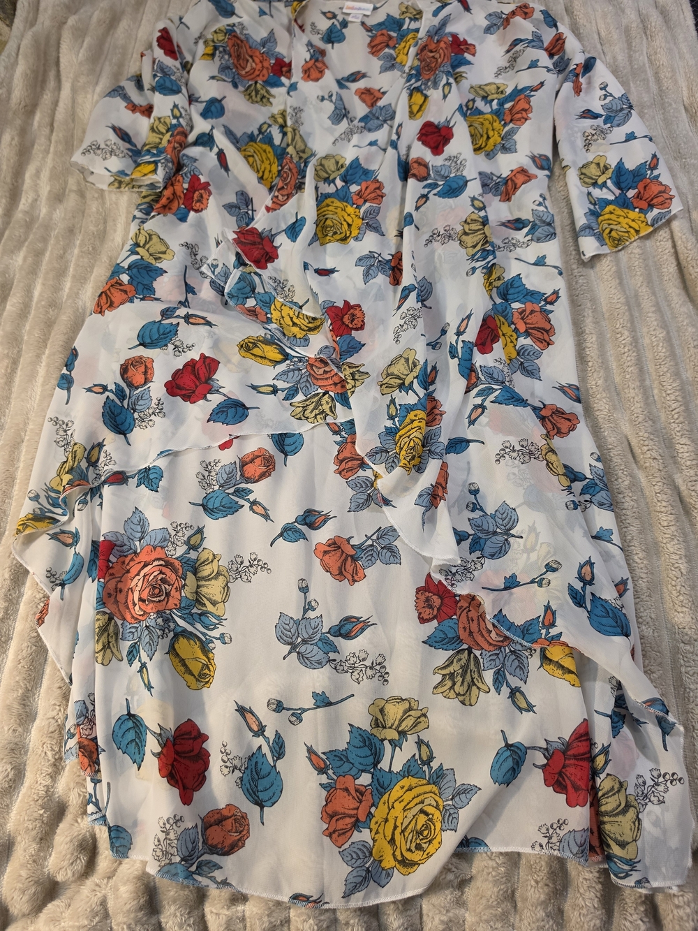 LuLaRoe White Floral V-Neck Tiered Tunic with Multicolor Roses